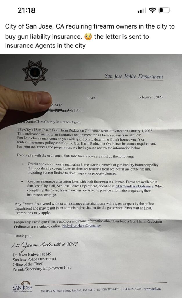San Jose Police Department Insurance Letter Gun Harm Reduction Ordinance